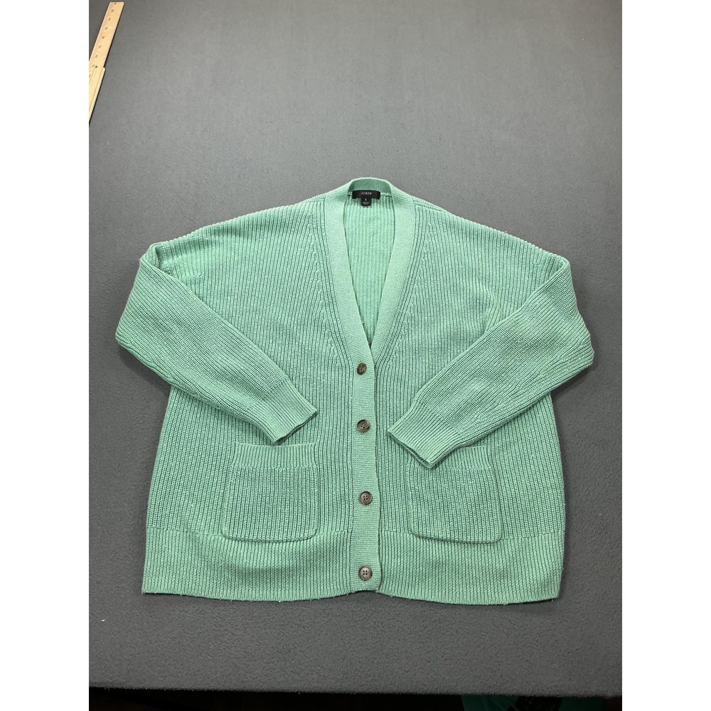 J Crew Sweater Womens Small Green Cotton Cashmere V Neck Cardigan Knit Pockets